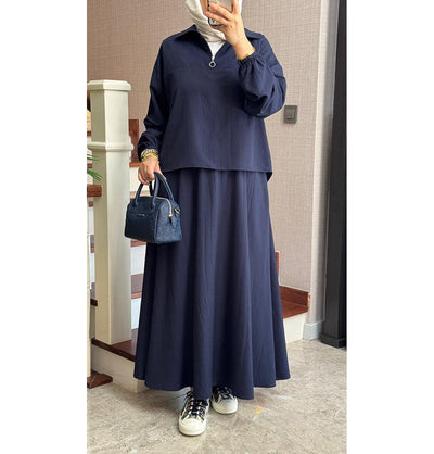 Modefa Modest Clothing Set Modern Muslim Women’s Lightweight Pullover with Skirt Set - Navy