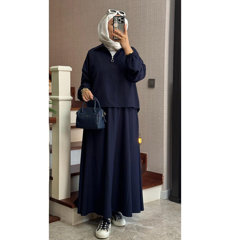 Modefa Modest Clothing Set Modern Muslim Women’s Lightweight Pullover with Skirt Set - Navy