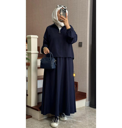 Modefa Modest Clothing Set Modern Muslim Women’s Lightweight Pullover with Skirt Set - Navy