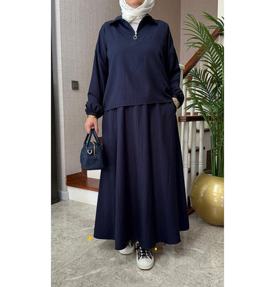 Modefa Modest Clothing Set Modern Muslim Women’s Lightweight Pullover with Skirt Set - Navy