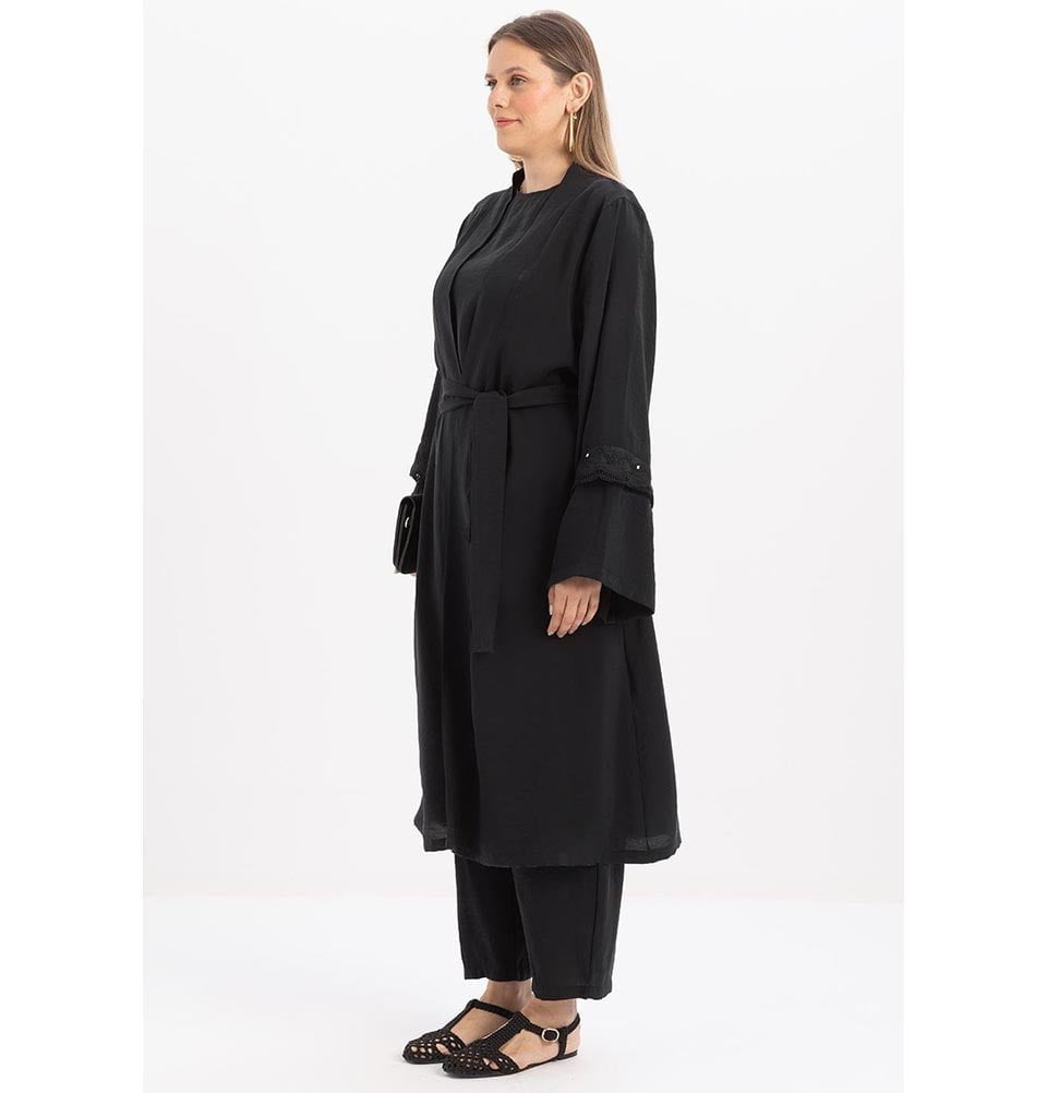 Modefa Modest Clothing Set Modern Muslim Women's Modal Cardigan with Lace and Pant Set - M30092 Black