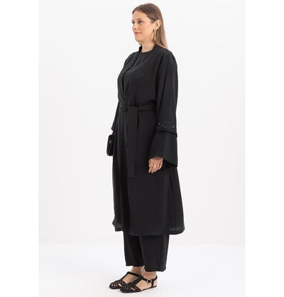 Modefa Modest Clothing Set Modern Muslim Women's Modal Cardigan with Lace and Pant Set - M30092 Black