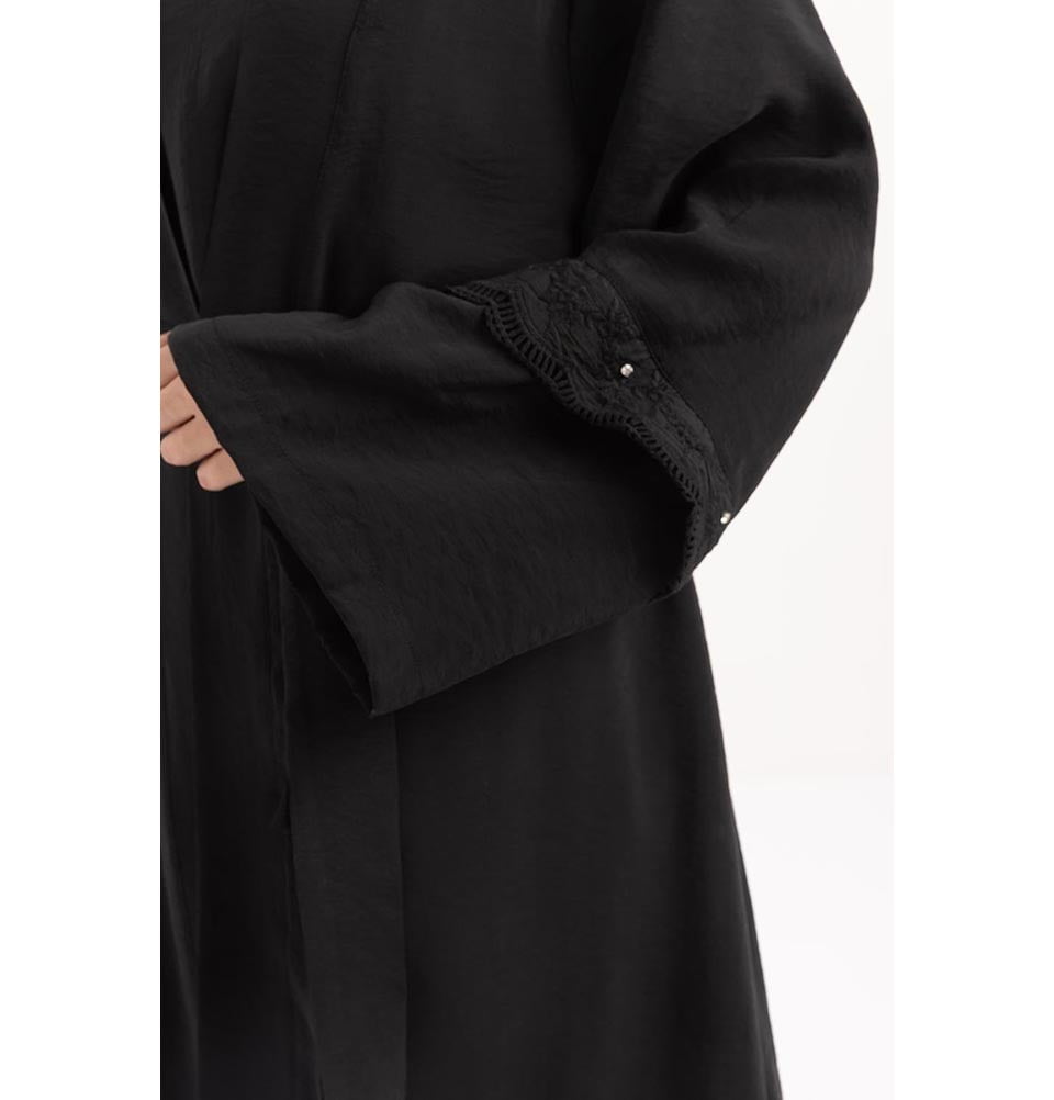 Modefa Modest Clothing Set Modern Muslim Women's Modal Cardigan with Lace and Pant Set - M30092 Black