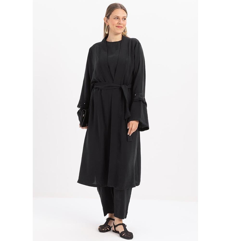 Modefa Modest Clothing Set Modern Muslim Women's Modal Cardigan with Lace and Pant Set - M30092 Black