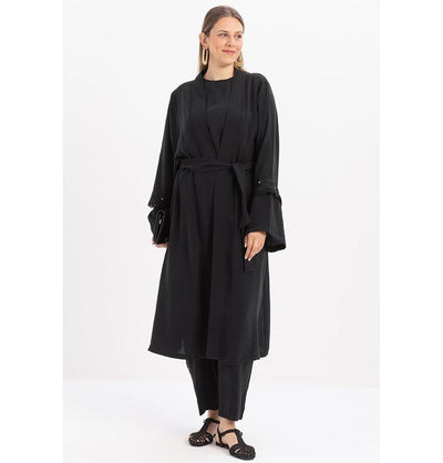 Modefa Modest Clothing Set Modern Muslim Women's Modal Cardigan with Lace and Pant Set - M30092 Black