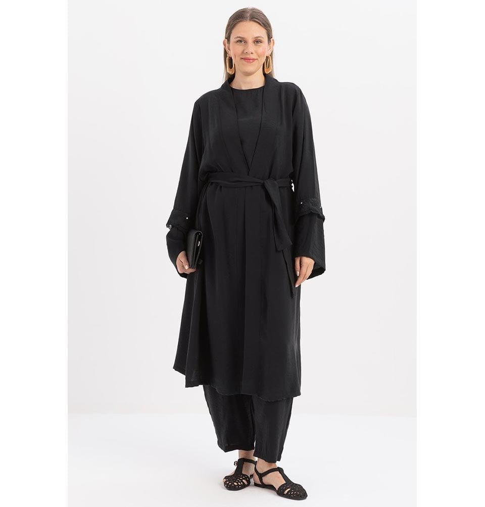 Modefa Modest Clothing Set Modern Muslim Women's Modal Cardigan with Lace and Pant Set - M30092 Black