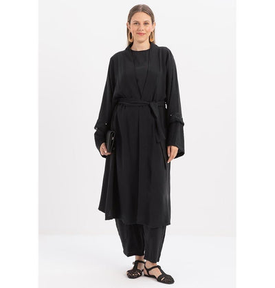Modefa Modest Clothing Set Modern Muslim Women's Modal Cardigan with Lace and Pant Set - M30092 Black