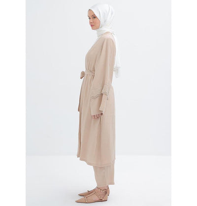Modefa Modest Clothing Set Modern Muslim Women's Modal Cardigan with Lace and Pant Set - M30092 Light Beige