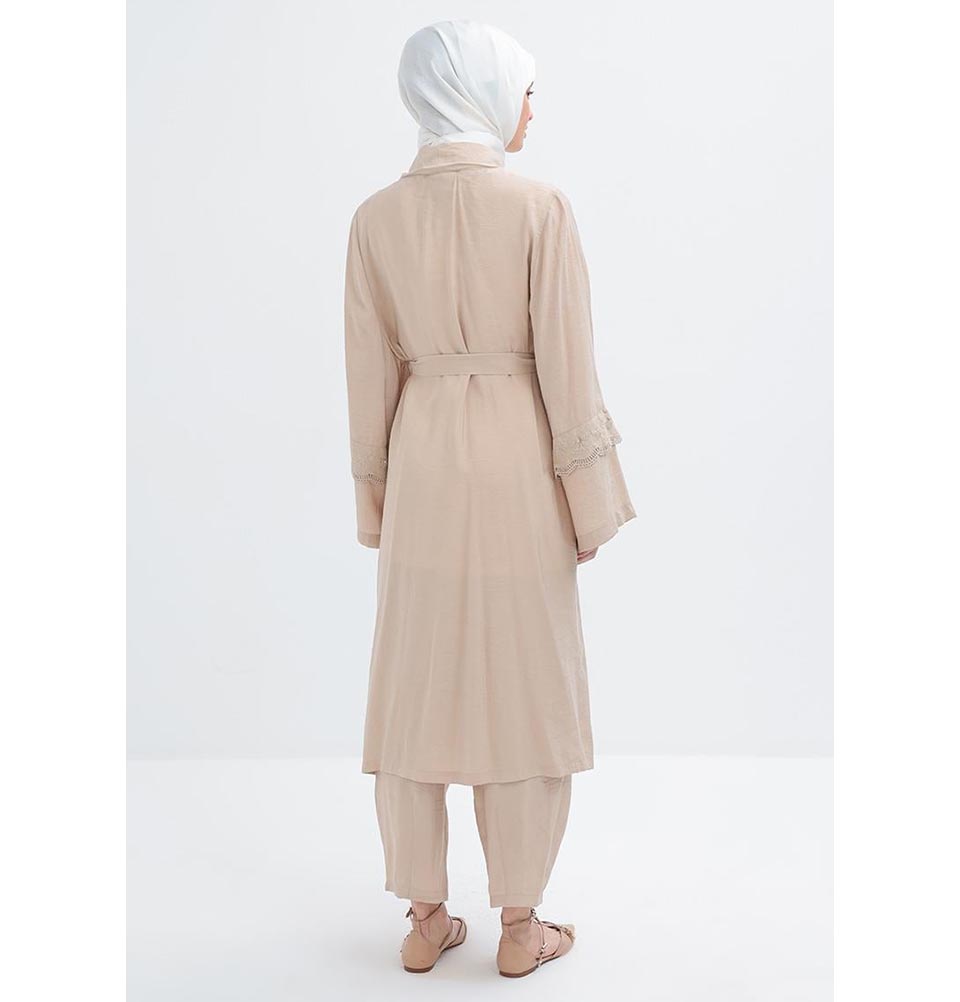 Modefa Modest Clothing Set Modern Muslim Women's Modal Cardigan with Lace and Pant Set - M30092 Light Beige