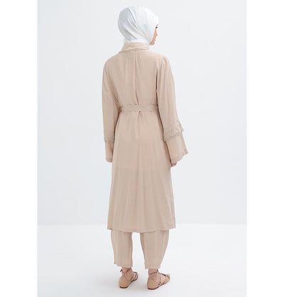 Modefa Modest Clothing Set Modern Muslim Women's Modal Cardigan with Lace and Pant Set - M30092 Light Beige