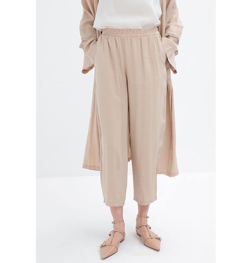 Modefa Modest Clothing Set Modern Muslim Women's Modal Cardigan with Lace and Pant Set - M30092 Light Beige