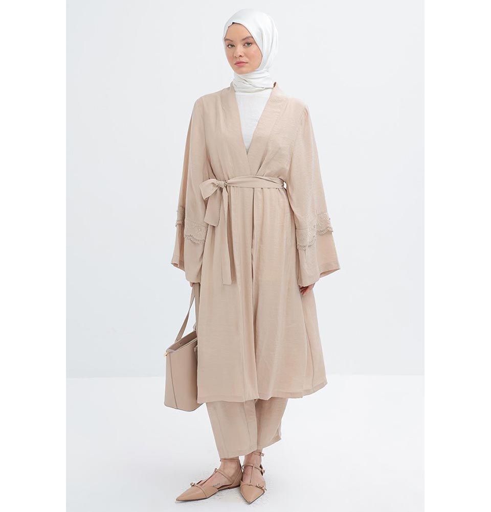 Modefa Modest Clothing Set Modern Muslim Women's Modal Cardigan with Lace and Pant Set - M30092 Light Beige