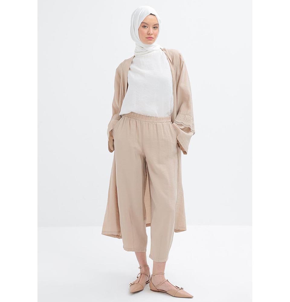 Modefa Modest Clothing Set Modern Muslim Women's Modal Cardigan with Lace and Pant Set - M30092 Light Beige
