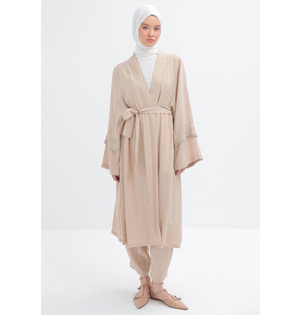 Modefa Modest Clothing Set Modern Muslim Women's Modal Cardigan with Lace and Pant Set - M30092 Light Beige