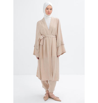 Modefa Modest Clothing Set Modern Muslim Women's Modal Cardigan with Lace and Pant Set - M30092 Light Beige