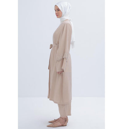 Modefa Modest Clothing Set Modern Muslim Women's Modal Cardigan with Lace and Pant Set - M30092 Mink