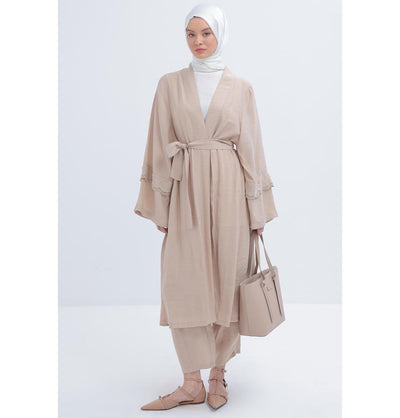 Modefa Modest Clothing Set Modern Muslim Women's Modal Cardigan with Lace and Pant Set - M30092 Mink