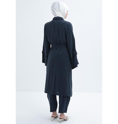 Modefa Modest Clothing Set Modern Muslim Women's Modal Cardigan with Lace and Pant Set - M30092 Navy Blue