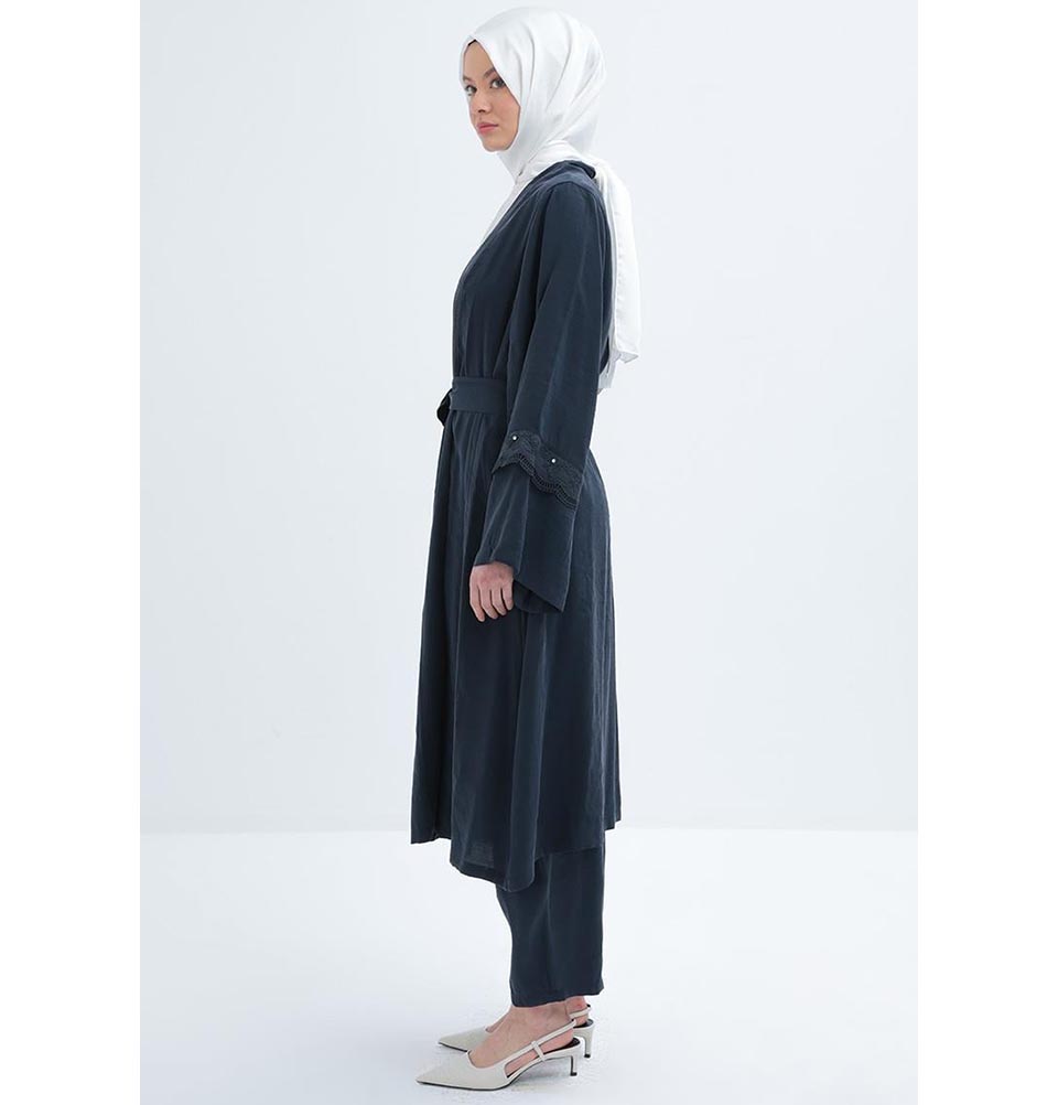 Modefa Modest Clothing Set Modern Muslim Women's Modal Cardigan with Lace and Pant Set - M30092 Navy Blue