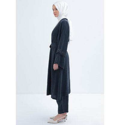 Modefa Modest Clothing Set Modern Muslim Women's Modal Cardigan with Lace and Pant Set - M30092 Navy Blue