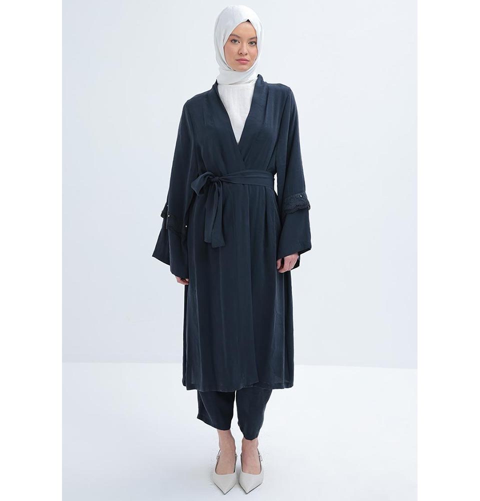 Modefa Modest Clothing Set Modern Muslim Women's Modal Cardigan with Lace and Pant Set - M30092 Navy Blue