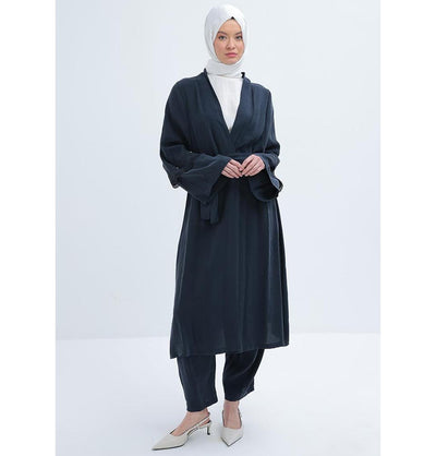 Modefa Modest Clothing Set Modern Muslim Women's Modal Cardigan with Lace and Pant Set - M30092 Navy Blue