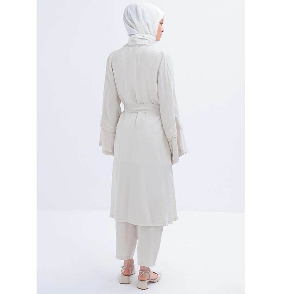 Modefa Modest Clothing Set Modern Muslim Women's Modal Cardigan with Lace and Pant Set - M30092 Stone Beige