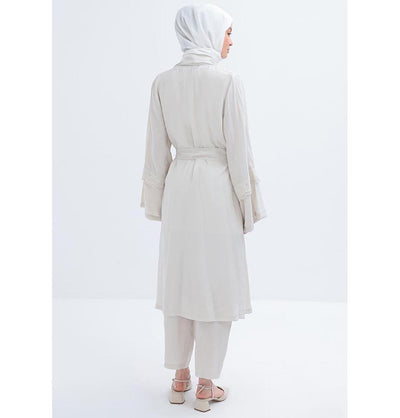 Modefa Modest Clothing Set Modern Muslim Women's Modal Cardigan with Lace and Pant Set - M30092 Stone Beige