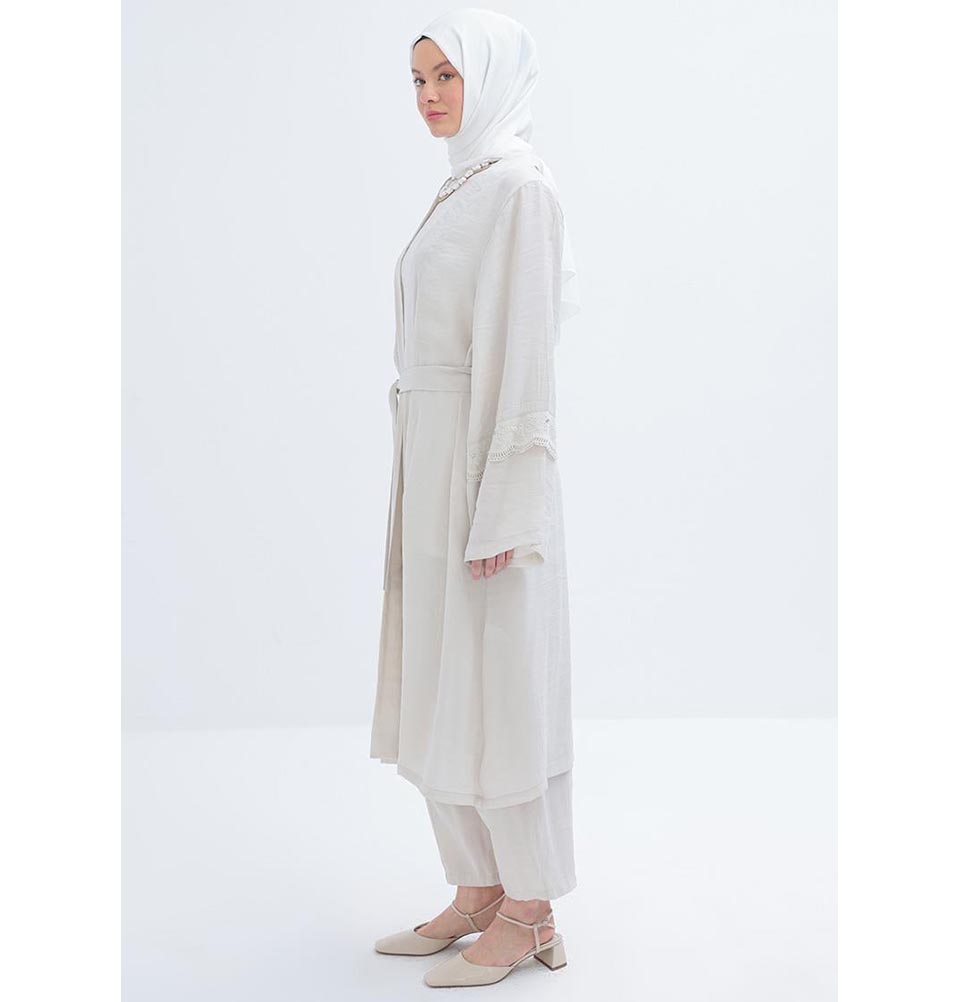 Modefa Modest Clothing Set Modern Muslim Women's Modal Cardigan with Lace and Pant Set - M30092 Stone Beige