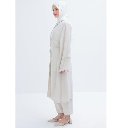 Modefa Modest Clothing Set Modern Muslim Women's Modal Cardigan with Lace and Pant Set - M30092 Stone Beige
