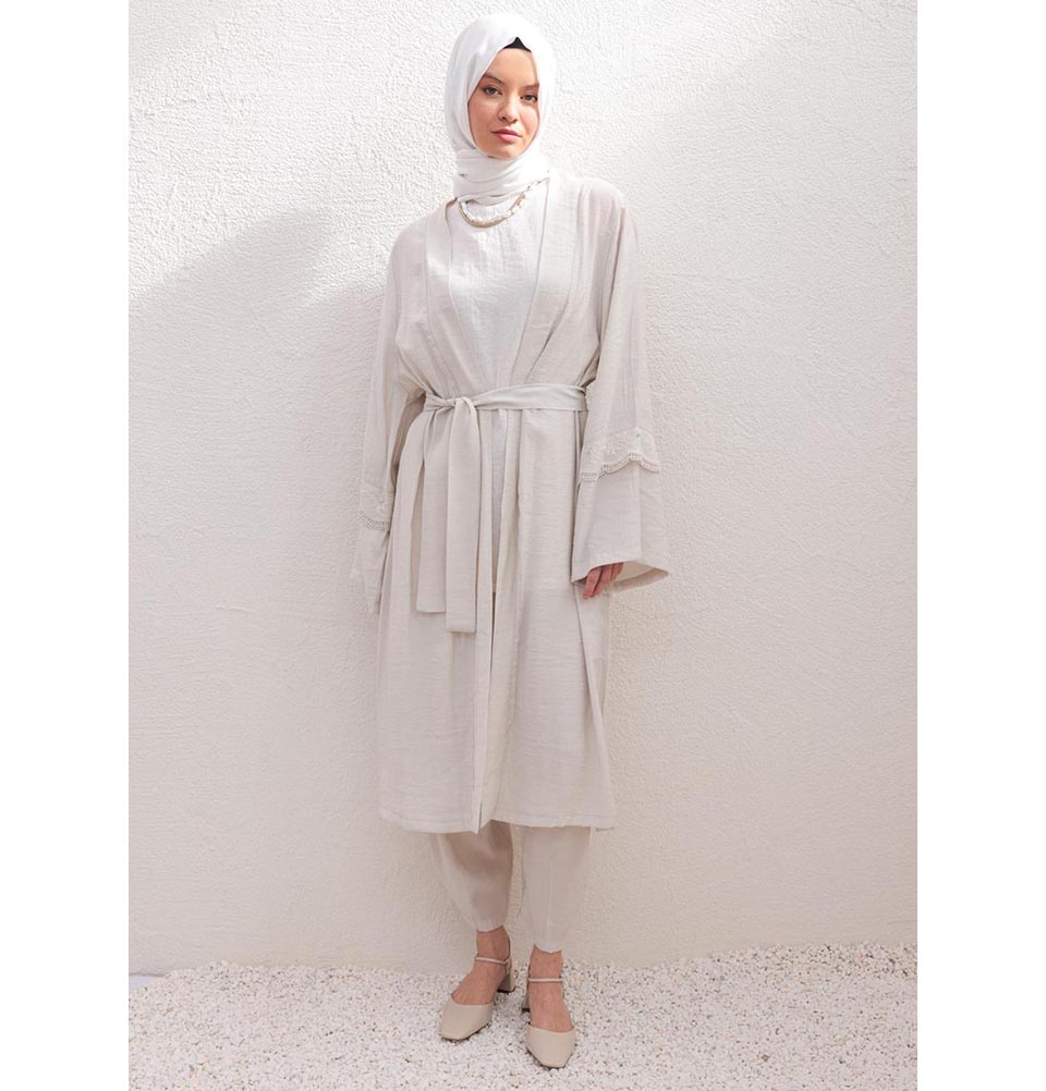 Modefa Modest Clothing Set Modern Muslim Women's Modal Cardigan with Lace and Pant Set - M30092 Stone Beige