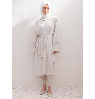 Modefa Modest Clothing Set Modern Muslim Women's Modal Cardigan with Lace and Pant Set - M30092 Stone Beige