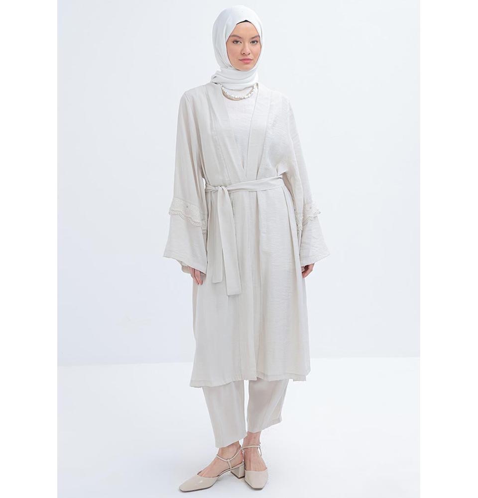 Modefa Modest Clothing Set Modern Muslim Women's Modal Cardigan with Lace and Pant Set - M30092 Stone Beige