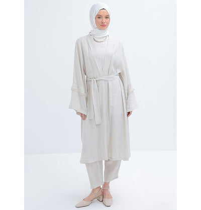 Modefa Modest Clothing Set Modern Muslim Women's Modal Cardigan with Lace and Pant Set - M30092 Stone Beige