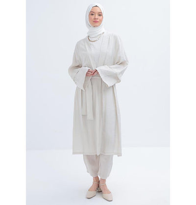 Modefa Modest Clothing Set Modern Muslim Women's Modal Cardigan with Lace and Pant Set - M30092 Stone Beige