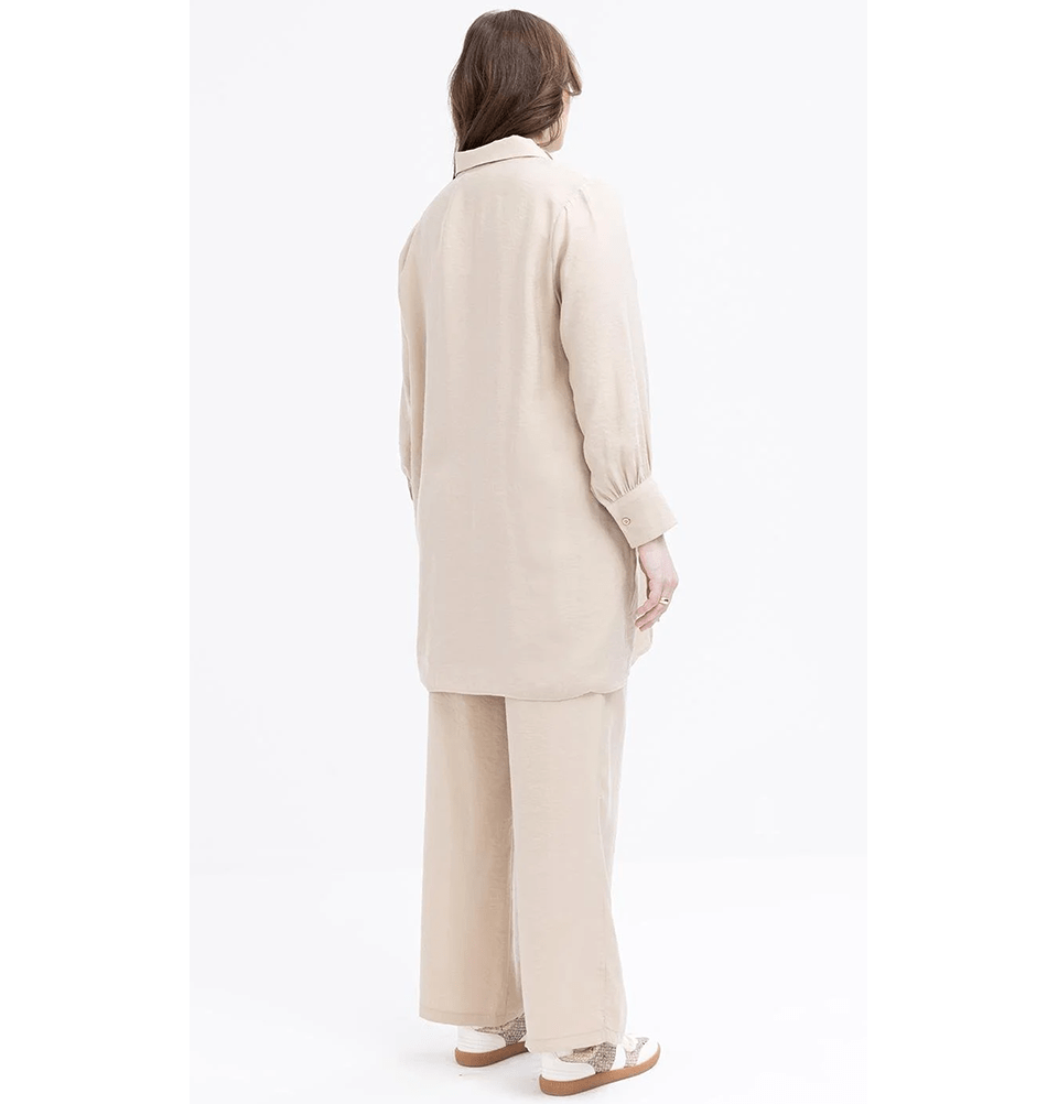 Modefa Modest Clothing Set Modern Muslim Women's Oversized Tunic and Wide Leg Pants - M30091 Beige
