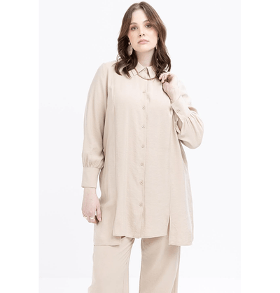 Modefa Modest Clothing Set Modern Muslim Women's Oversized Tunic and Wide Leg Pants - M30091 Beige