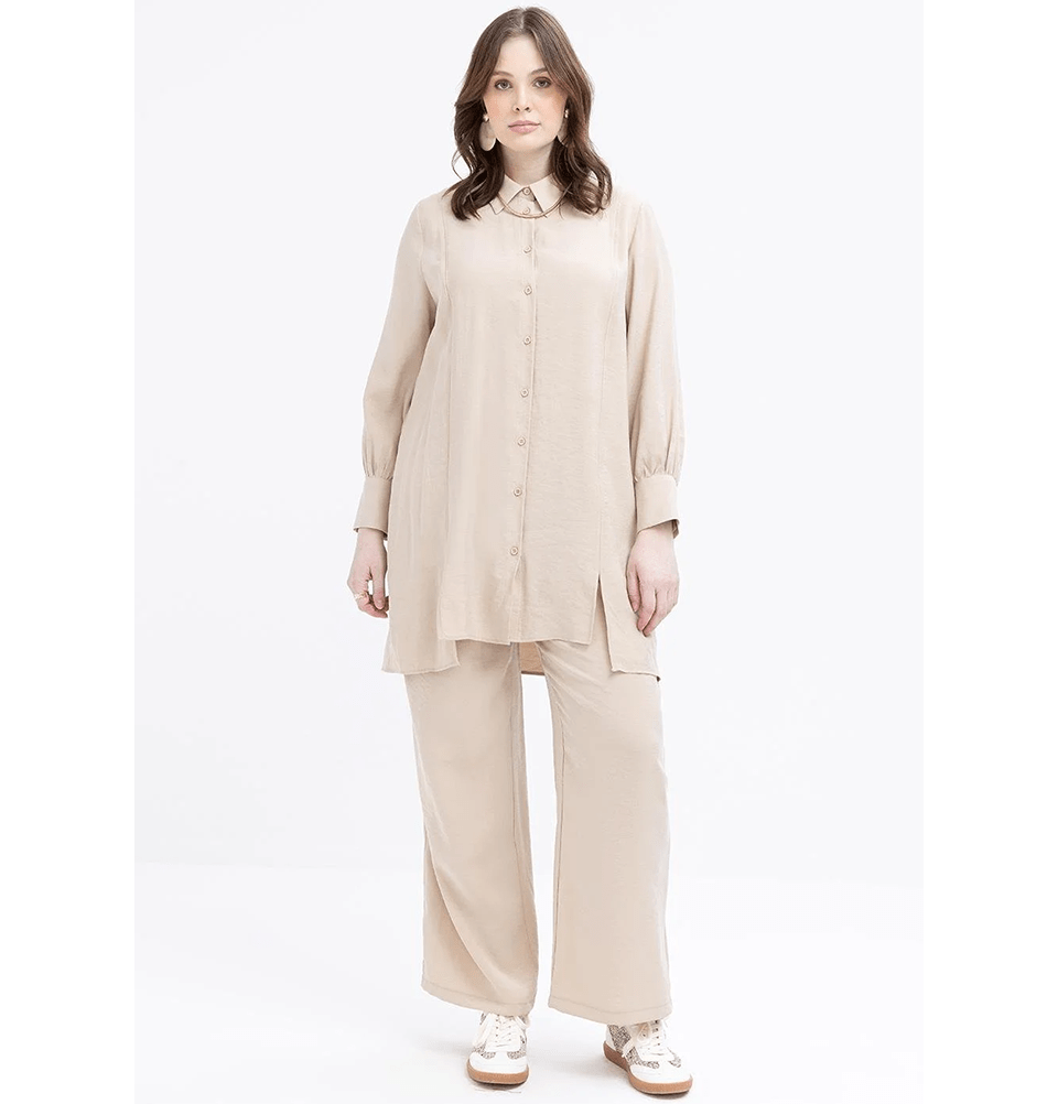 Modefa Modest Clothing Set Modern Muslim Women's Oversized Tunic and Wide Leg Pants - M30091 Beige