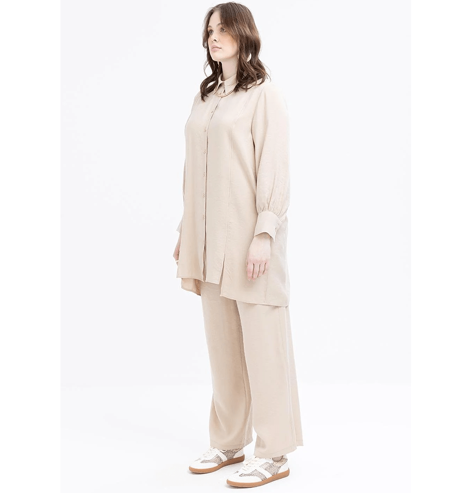 Modefa Modest Clothing Set Modern Muslim Women's Oversized Tunic and Wide Leg Pants - M30091 Beige