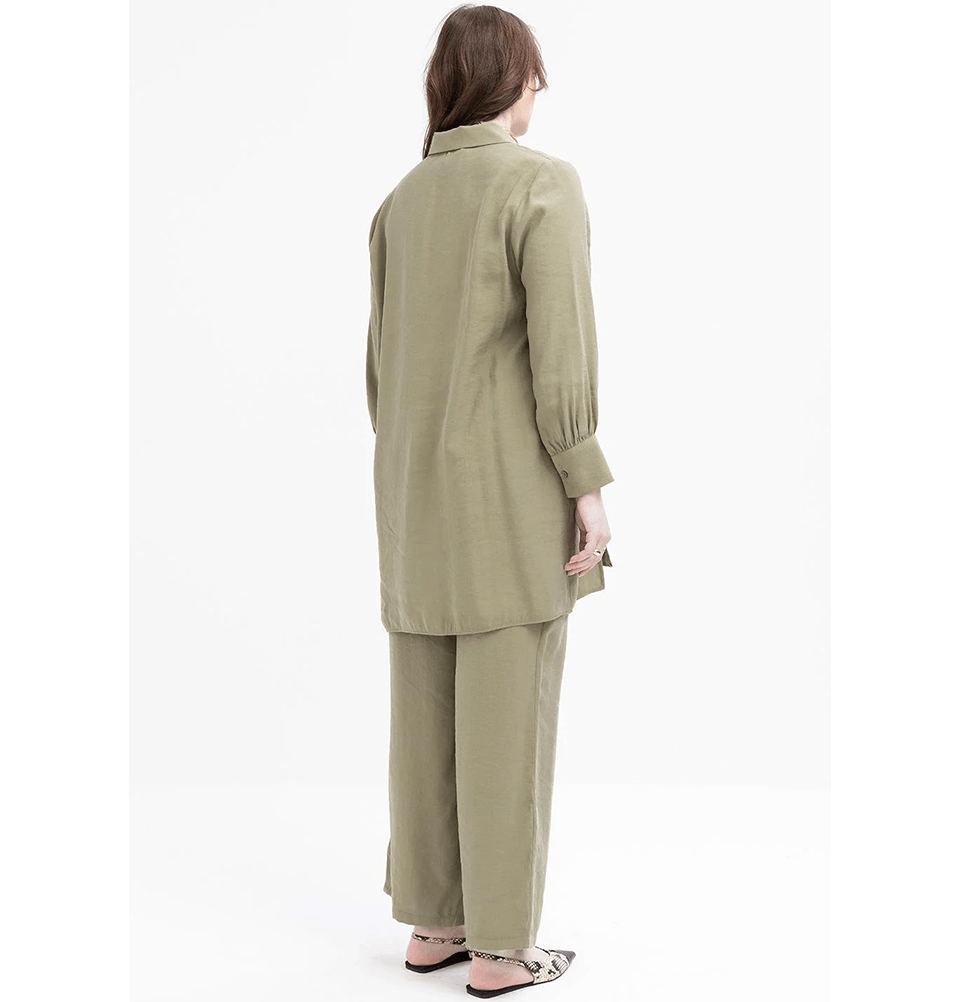 Modefa Modest Clothing Set Modern Muslim Women's Oversized Tunic and Wide Leg Pants - M30091 Khaki Green