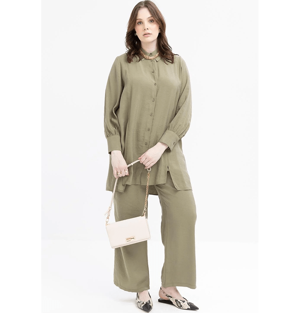 Modefa Modest Clothing Set Modern Muslim Women's Oversized Tunic and Wide Leg Pants - M30091 Khaki Green