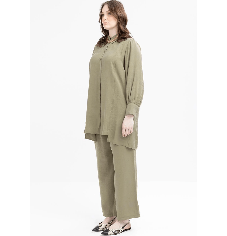 Modefa Modest Clothing Set Modern Muslim Women's Oversized Tunic and Wide Leg Pants - M30091 Khaki Green