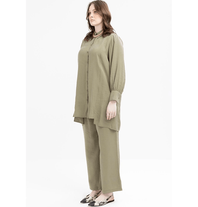 Modefa Modest Clothing Set Modern Muslim Women's Oversized Tunic and Wide Leg Pants - M30091 Khaki Green