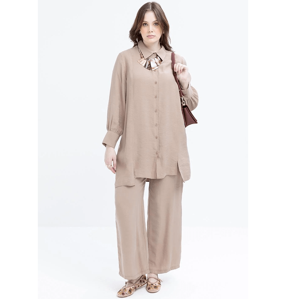 Modefa Modest Clothing Set Modern Muslim Women's Oversized Tunic and Wide Leg Pants - M30091 Mink