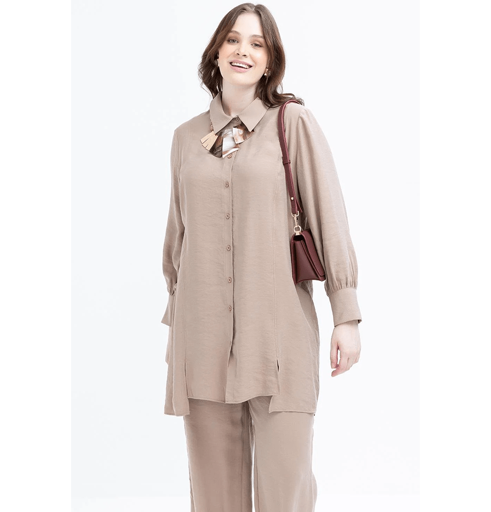Modefa Modest Clothing Set Modern Muslim Women's Oversized Tunic and Wide Leg Pants - M30091 Mink