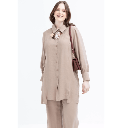 Modefa Modest Clothing Set Modern Muslim Women's Oversized Tunic and Wide Leg Pants - M30091 Mink