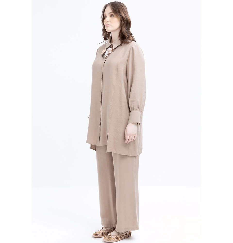 Modefa Modest Clothing Set Modern Muslim Women's Oversized Tunic and Wide Leg Pants - M30091 Mink