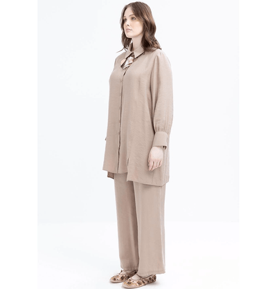 Modefa Modest Clothing Set Modern Muslim Women's Oversized Tunic and Wide Leg Pants - M30091 Mink