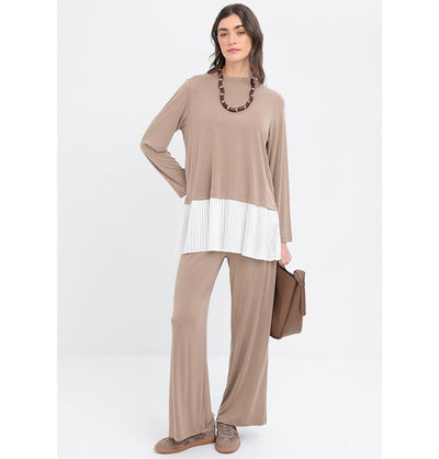 Modefa Modest Clothing Set Modern Muslim Women's Pleated Poise Lounge Tunic and Wide Leg Pants - M30096 Mink