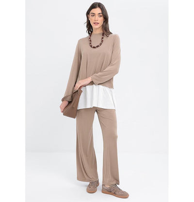 Modefa Modest Clothing Set Modern Muslim Women's Pleated Poise Lounge Tunic and Wide Leg Pants - M30096 Mink